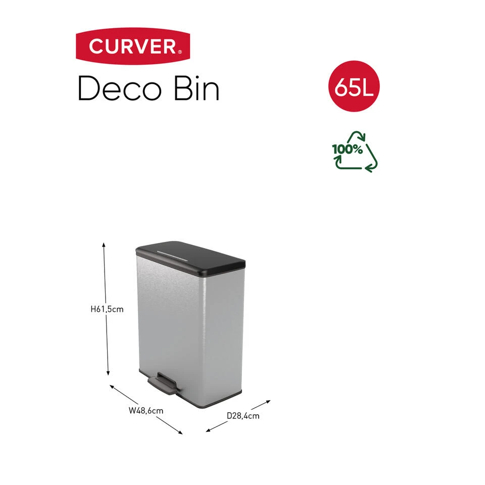 Curver Decobin Prullenbak - 65L - Rechthoekig - Zilver Metallic 4 Curver Decobin Prullenbak - 65L - Rechthoekig - Zilver Metallic - Afbeelding 2