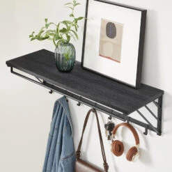 ACAZA Wandkapstok Met Plank En 7 Haken, Metaal En Hout, Zwart -Opslag Meubelwinkel 1000034357 0102