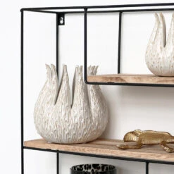 Zwart Metalen Wandrek Met 4 Houten Plankjes - Rechthoek - 55x45x11 Cm -Opslag Meubelwinkel 1000038232 0102