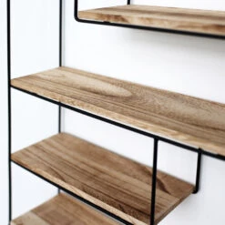 Zwart Metalen Wandrek Met 4 Houten Plankjes - Rechthoek - 55x45x11 Cm -Opslag Meubelwinkel 1000038232 0103