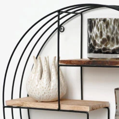 Zwart Metalen Wandrek Met 4 Houten Plankjes - Rond - 50x11 Cm -Opslag Meubelwinkel 1000038234 0101