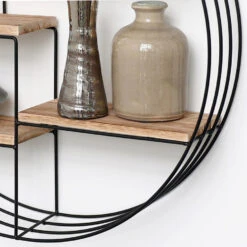 Zwart Metalen Wandrek Met 4 Houten Plankjes - Rond - 50x11 Cm -Opslag Meubelwinkel 1000038234 0102