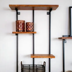 Wandplank Industrieel Set Van 3 Loïs - 18x40x90 Cm - Mangohout - Bruin -Opslag Meubelwinkel 1000042283 0102