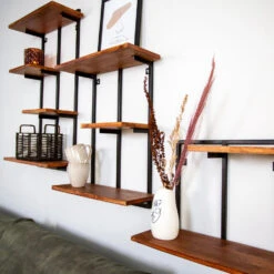 Wandplank Industrieel Set Van 3 Loïs - 18x40x90 Cm - Mangohout - Bruin -Opslag Meubelwinkel 1000042283 0103