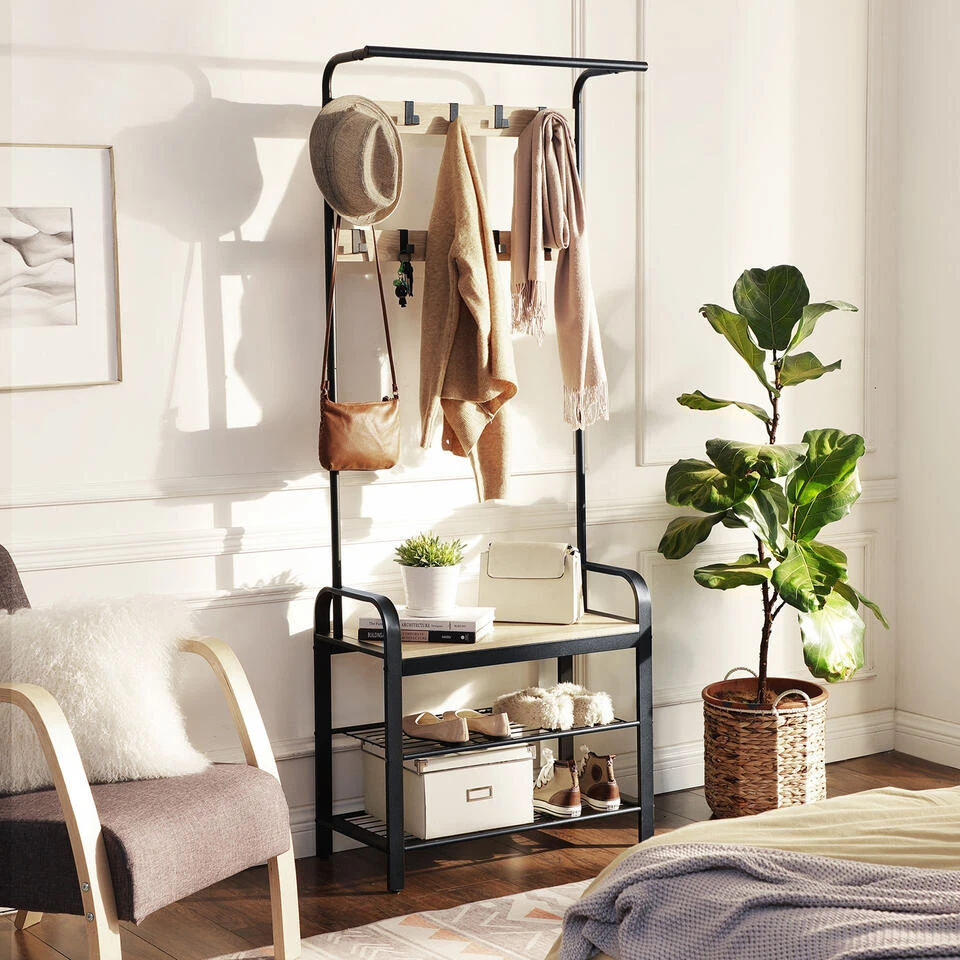 ACAZA Garderoberek In Lichte Eik Kleur Met Kapstok, Schoenenrek En Bankje 4 ACAZA Garderoberek In Lichte Eik Kleur Met Kapstok, Schoenenrek En Bankje - Afbeelding 2