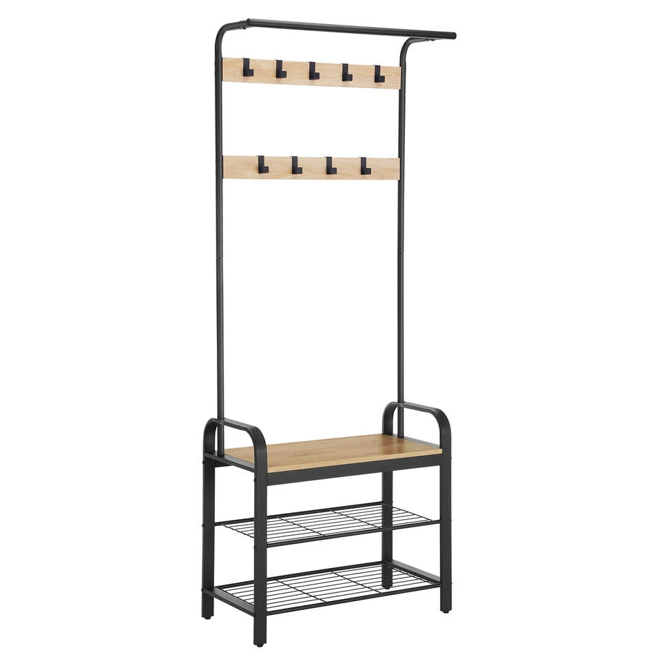 ACAZA Garderoberek In Lichte Eik Kleur Met Kapstok, Schoenenrek En Bankje 3 ACAZA Garderoberek In Lichte Eik Kleur Met Kapstok, Schoenenrek En Bankje