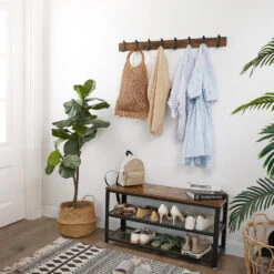 ACAZA Lange Muur Kapstok, Retro, Vintage Bruin Met Zwarte Haken, 88 Cm -Opslag Meubelwinkel 1000046987 0102