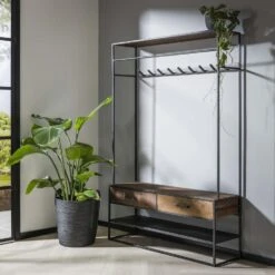 Kapstok Industrieel Charlie Hout Metaal 9 Haken 35x120x180 Cm Hardhout -Opslag Meubelwinkel 1000061232 0102