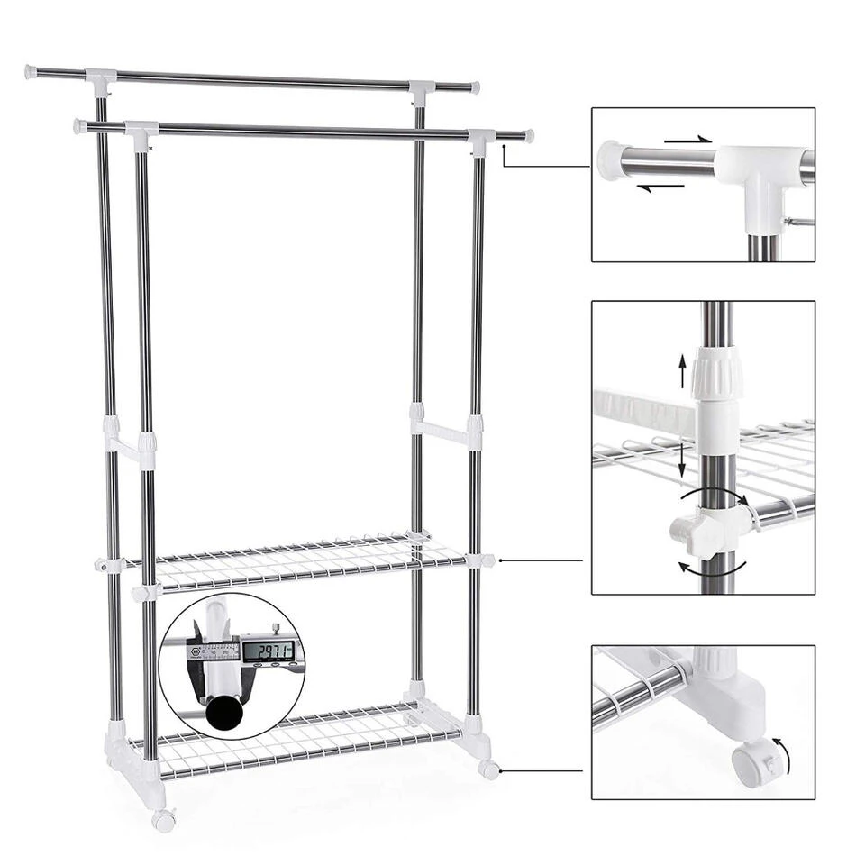 ACAZA Mobiel Kledingrek - Dubbelvoudig - 2 Rails - Zilvergrijs 6 ACAZA Mobiel Kledingrek - Dubbelvoudig - 2 Rails - Zilvergrijs - Afbeelding 4