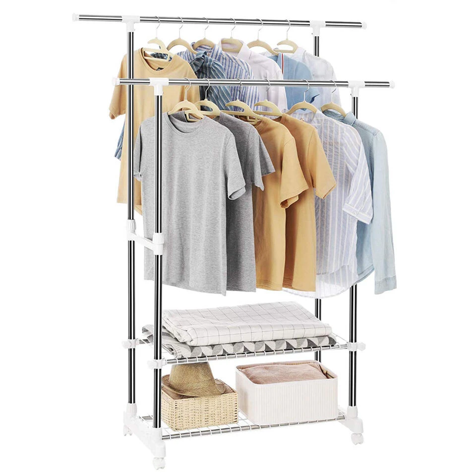 ACAZA Mobiel Kledingrek - Dubbelvoudig - 2 Rails - Zilvergrijs 3 ACAZA Mobiel Kledingrek - Dubbelvoudig - 2 Rails - Zilvergrijs