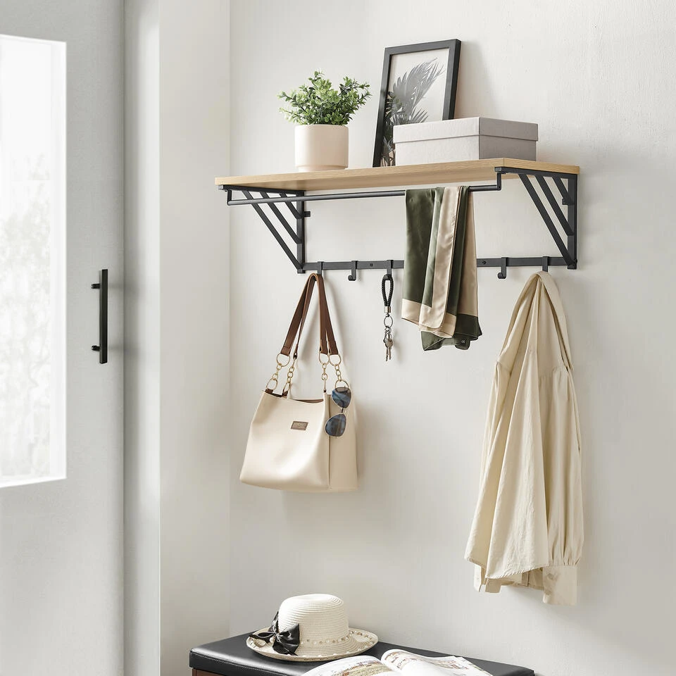 ACAZA Wandkapstok Met Plank En 7 Haken, Lichte Eik Kleur 4 ACAZA Wandkapstok Met Plank En 7 Haken, Lichte Eik Kleur - Afbeelding 2