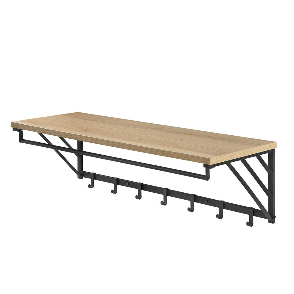 ACAZA Wandkapstok Met Plank En 7 Haken, Lichte Eik Kleur 3 ACAZA Wandkapstok Met Plank En 7 Haken, Lichte Eik Kleur