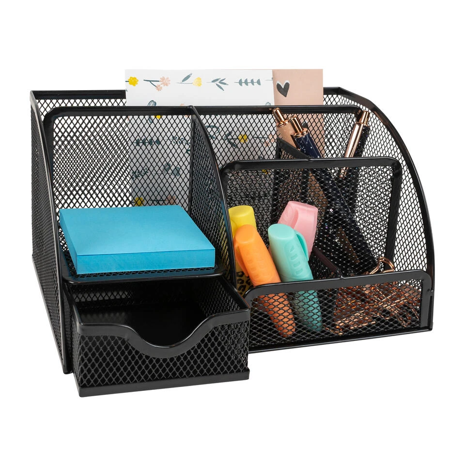 QUVIO Bureau Organizer 5 Vakken + 1 Lade + 1 Plankje Met Gaas - Zwart 3 QUVIO Bureau Organizer 5 Vakken + 1 Lade + 1 Plankje Met Gaas - Zwart